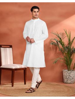 Fabindia - Men's Fabindia White Cotton Hand Block Printed Long Kurta
