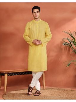 Fabindia - Men's Fabindia Yellow Cotton Hand Block Print Long Kurta
