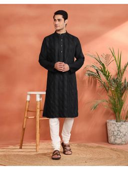 Fabindia - Men's Fabindia Black Viscose Silk Pintuck Long Kurta
