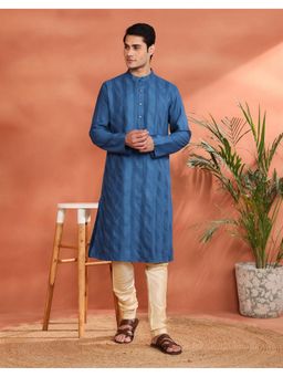 Fabindia - Men's Fabindia Blue Viscose Silk Pintuck Long Kurta