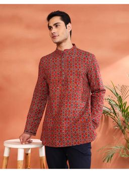 Fabindia - Men's Fabindia Maroon Cotton Ajrakh Printed Short Kurta