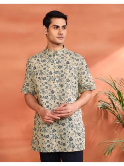 Fabindia - Men's Fabindia Beige Cotton Hand Block Printed Short Kurta