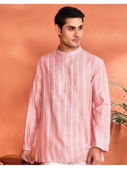Fabindia - Men's Fabindia Orange Viscose Silk Zari Stripe Short Kurta