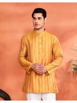 Fabindia - Men's Fabindia Yellow Viscose Silk Zari Stripe Short Kurta
