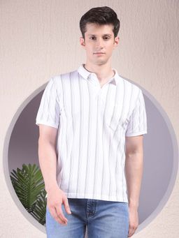 CRIMSOUNE CLUB - Men White Vertical Stripes Polo T-Shirt