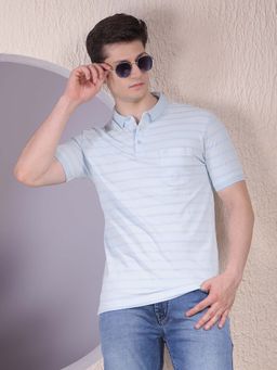 CRIMSOUNE CLUB - Men Blue Horizontal Stripes Cotton Polo T-Shirt