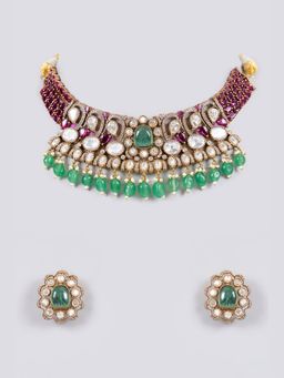Amreli Jaipur - Preto Polki Kundan Pink Necklace with Earrings