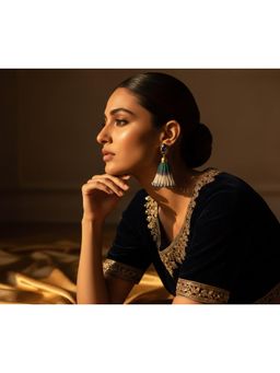 ORNAMAAS - Mughal Jaal Pearl Peacock Tassel Blue Earrings