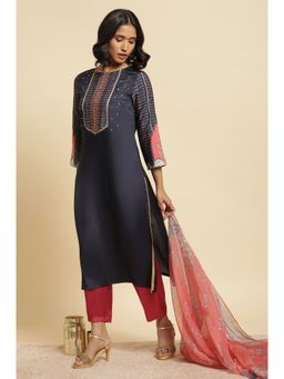 WISHFUL by W - Blue Floral Kurta With Slim Pant & Dupatta (Set of 3)