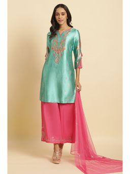 WISHFUL by W - Green Floral Kurta With Flared Pant & Dupatta (Set of 3)