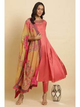 WISHFUL by W - Pink Floral Anarkali Kurta With Tights & Dupatta (Set of 3)