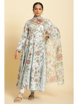 W - Blue Floral Anarkali Kurta With Tights & Dupatta (Set of 3)