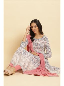 W - Cream Floral Anarkali Kurta With Churidar & Dupatta (Set of 3)