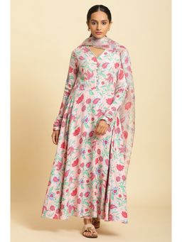 W - Pink Floral Anarkali Kurta With Straight Pant & Dupatta (Set of 3)
