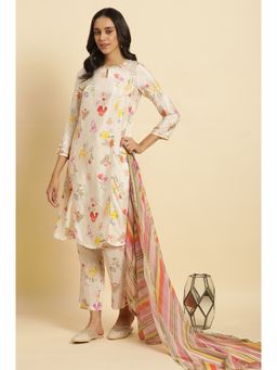 W - Cream Floral Kurta With Straight Pant & Dupatta (Set of 3)
