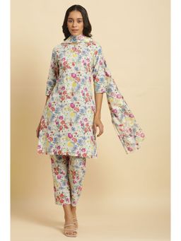 W - White Floral Kurta With Straight Pant & Dupatta (Set of 3)