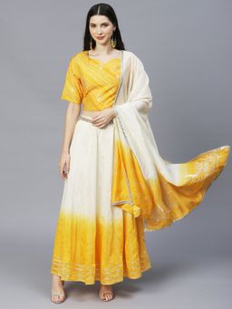 FASHOR - Ethnic Printed Short Top with Flared Skirt and Dupatta Yellow (Set of 4)