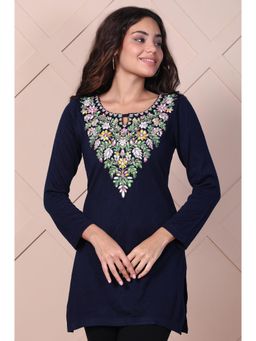 Aurelia - Womens Navy Blue Embroidered Straight Acrylic Tunic