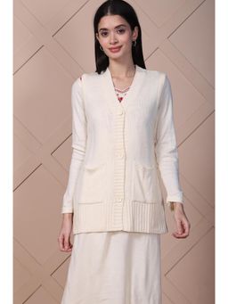 Aurelia - Womens Off White Self Design Straight Acrylic Cardigan