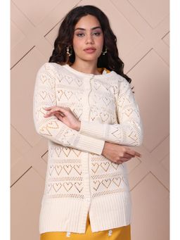 Aurelia - Womens Off White Self-Design Button Front Acrylic Cardigan