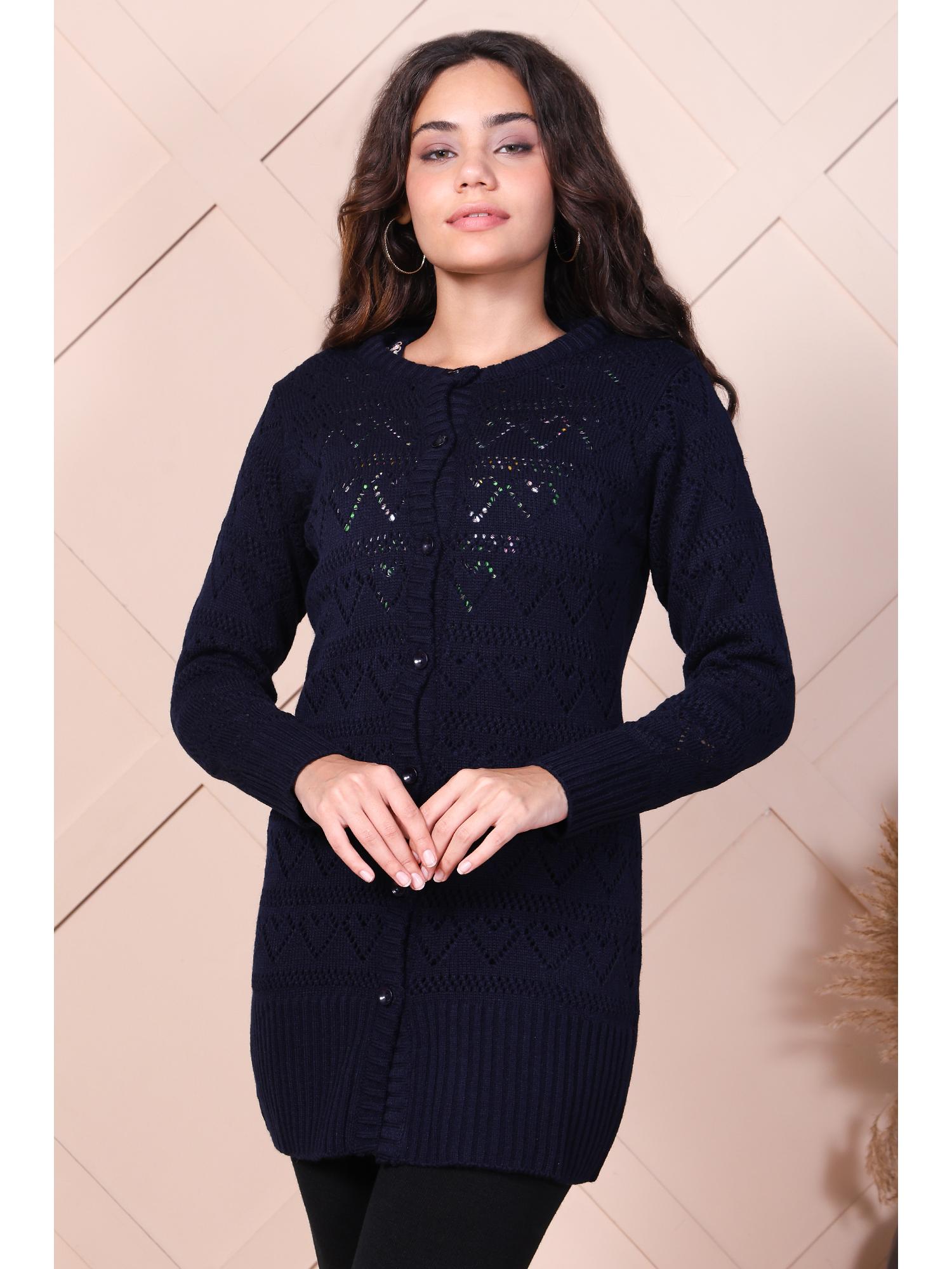 Womens Navy Blue Self-Design Straight Acrylic Cardigan-image-20