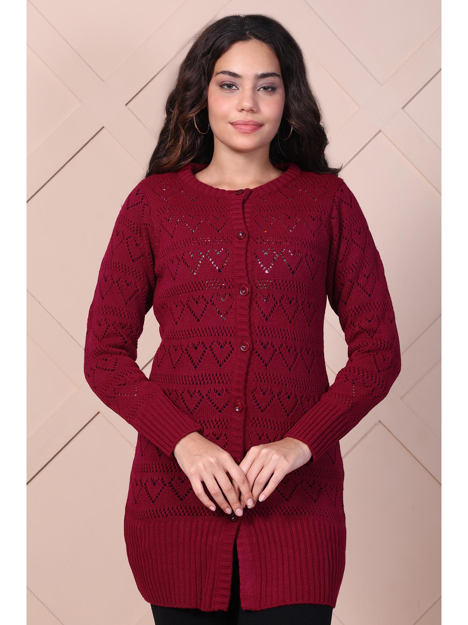 aurelia Womens Maroon Self-Design Embroidered Longline Acrylic Cardigan-picture-14