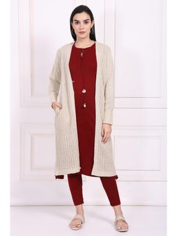 Aurelia - Womens Beige Self-Design Tasselled Straight Acrylic Cardigan