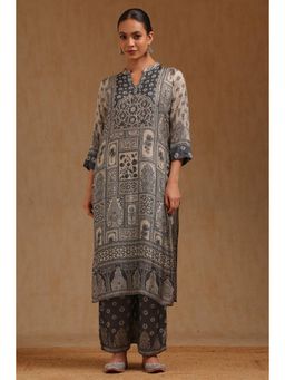 Soch - Womens Grey Dola Silk Botanical Printed Kurta with Pant