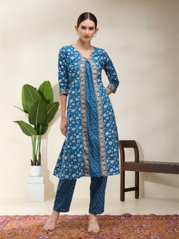 FASHOR - Floral Printed A-Line Flared Kurta with Pant - Blue