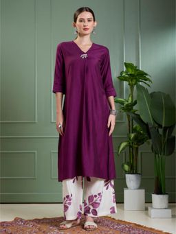 FASHOR - A-Line Kurta with Floral Printed Palazzo - Purple