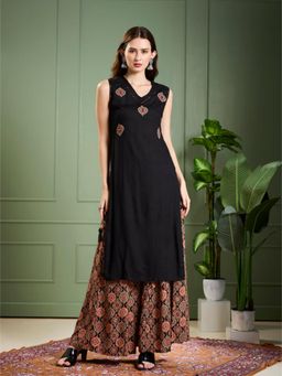 FASHOR - Ethnic Kantha Work Straight Kurta with Printed Palazzo - Black