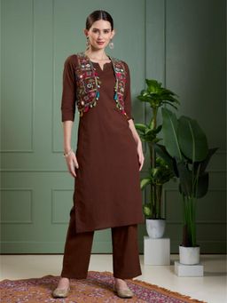 FASHOR - Straight Fit Cotton Kurta with Pant and Mirror Work Sleeveless Jacket - Brown