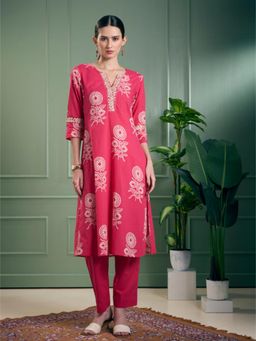 FASHOR - Floral Printed A-Line Kurta with Pant - Magenta
