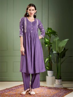 FASHOR - Floral Zari Embroidered A-Line Kurta with Pant - Purple