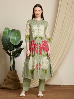 FASHOR - Floral Printed A-Line Pleated Kurta with Pant - Green