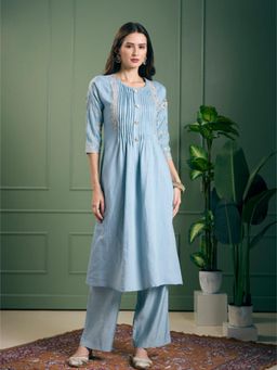 FASHOR - Floral Zari Embroidered A-Line Kurta with Pant - Light Blue
