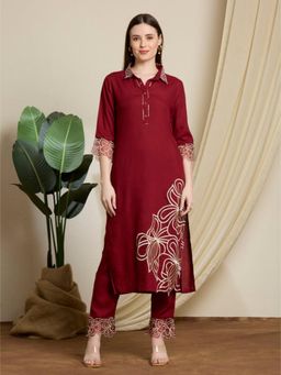 FASHOR - Floral Thread Work Embroidered Straight Kurta with Pant - Maroon