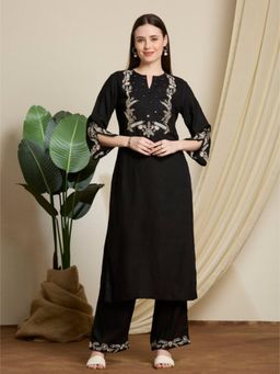 FASHOR - Floral Thread Work Embroidered Straight Fit Co-Ord Set - Black