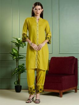 FASHOR - Floral Embroidered Straight Fit Co-Ord Set - Mustard