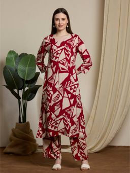 FASHOR - Printed Straight Fit Co-Ord Set - Red
