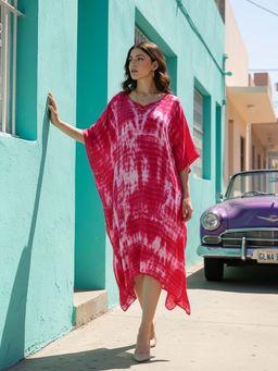 Maaesa - Women Handcrafted Tie-Dye Rayon Crepe Kaftan Dress - Pink