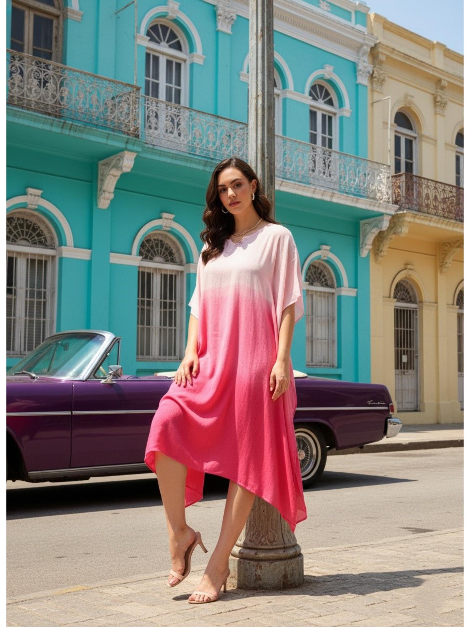 maaesa Women Handcrafted Tie-Dye Rayon Crepe Kaftan Dress - Pink-picture-31