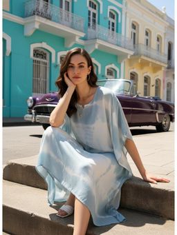 Maaesa - Women Handcrafted Tie-Dye Rayon Crepe Kaftan Dress - Grey