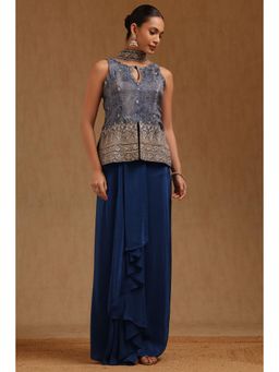 Soch - Womens Blue Crepe Embroidered Kurta Skirt with Dupatta and Unstitched Sleeves