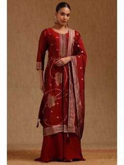 Soch - Womens Red Tissue Floral Woven Design Kurta and Palazzo with Dupatta