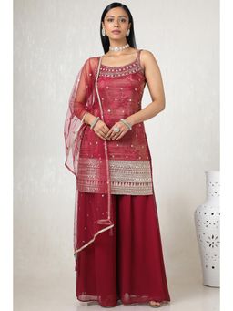 Soch - Magenta Tissue Embroidered Kurta and Palazzo with Dupatta and Unstitched Sleeves
