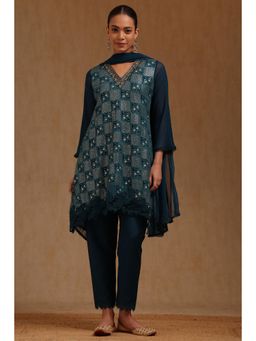 Soch - Womens Teal Georgette Embroidered Kurta and Pant with Dupatta