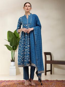 FASHOR - Ethnic Floral Printed A-Line Kurta and Pant with Dupatta - Blue