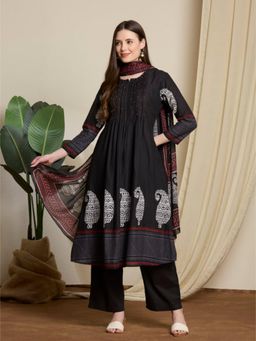 FASHOR - Ethnic Printed A-Line Pleated Kurta and Pant with Dupatta - Black