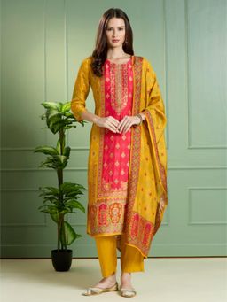 FASHOR - Floral Printed and Embroidered Straight Fit Kurta and Pant with Dupatta - Mustard